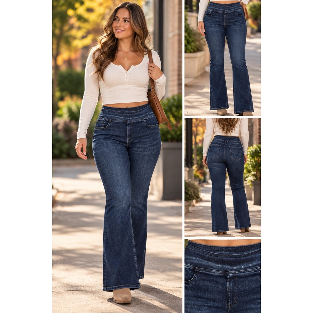 American Eagle Pull On Flare Jean Large Short Dark Wash Stretch Denim *Flaw 1675
